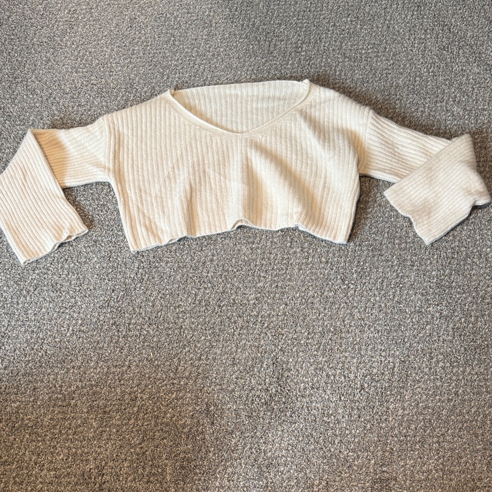 Cream Ribbed Knit Cropped Sweater